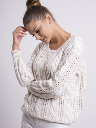 Damski sweter z plecionym wzorem LOGAN cream