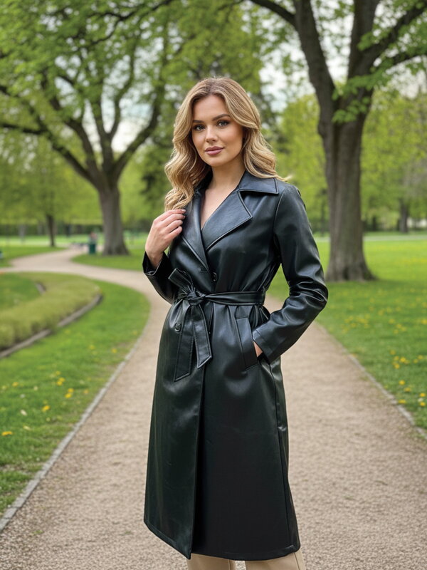 Damski długi płaszcz ze sztucznej skóry