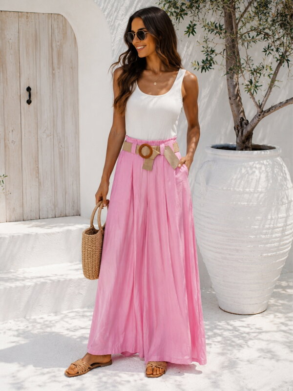 Letnie szeroko spodnie Palazzo z paskiem baby pink 12487